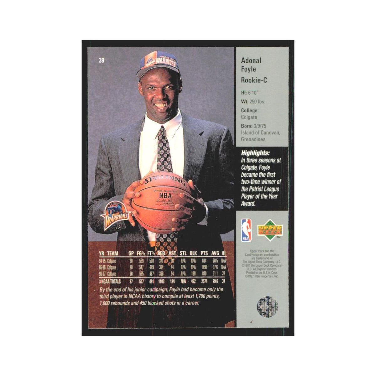 Adonal Foyle 1997 Upper Deck #39 Golden State Warriors Basketball Card NM