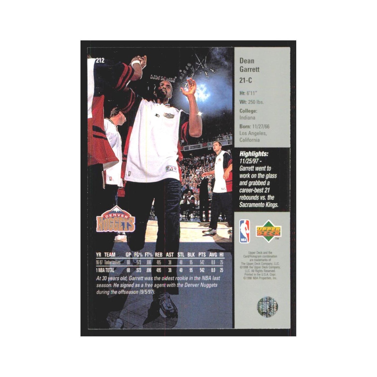 Dean Garrett 1997 Upper Deck #212 Denver Nuggets Basketball Card NM