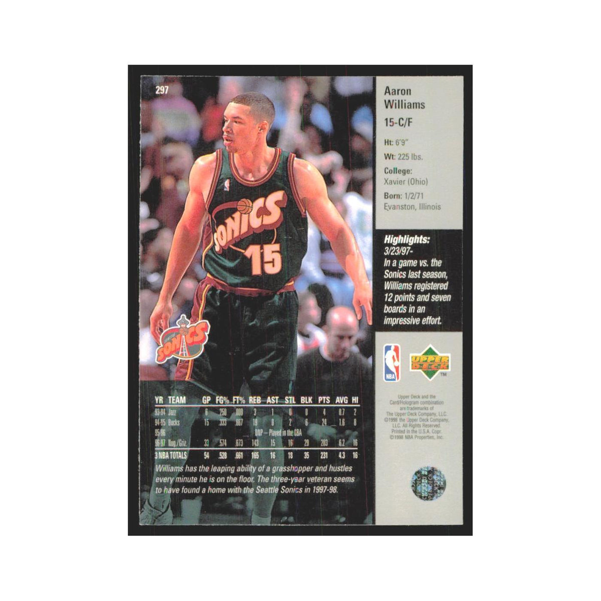 Aaron Williams 1997 Upper Deck #297 Seattle SuperSonics Basketball Card NM