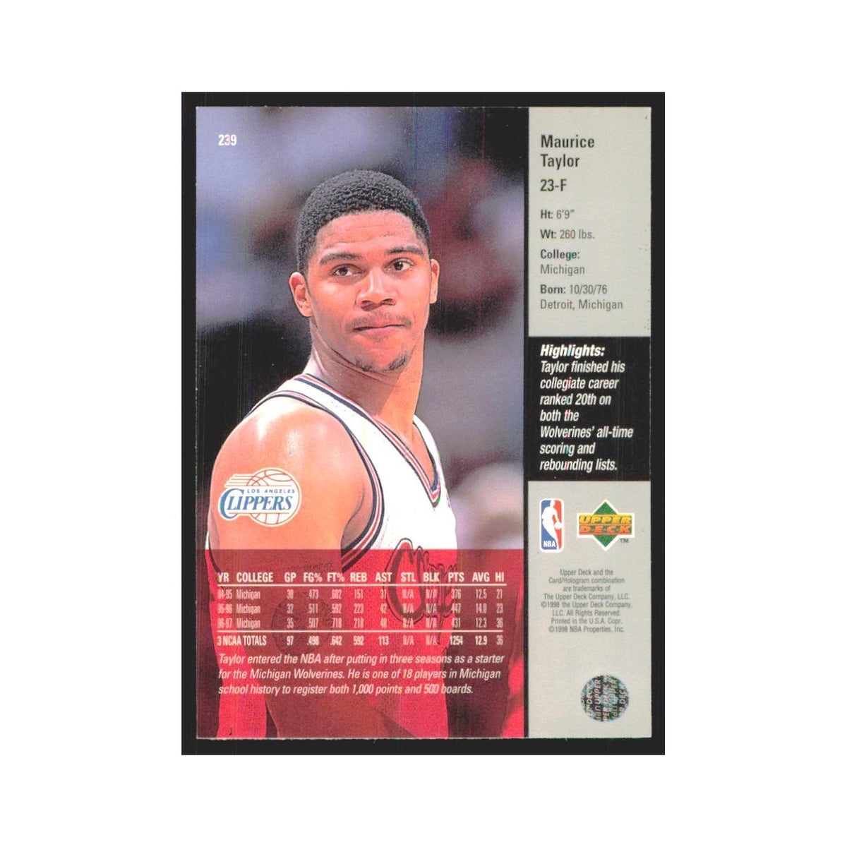 Maurice Taylor 1997 Upper Deck #239 Los Angeles Clippers Basketball Card NM