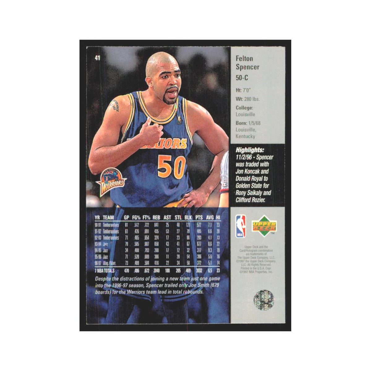 Felton Spencer 1997 Upper Deck #41 Golden State Warriors Basketball Card NM