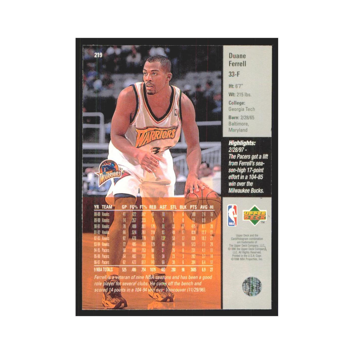 Duane Ferrell 1997 Upper Deck #219 Golden State Warriors Basketball Card NM