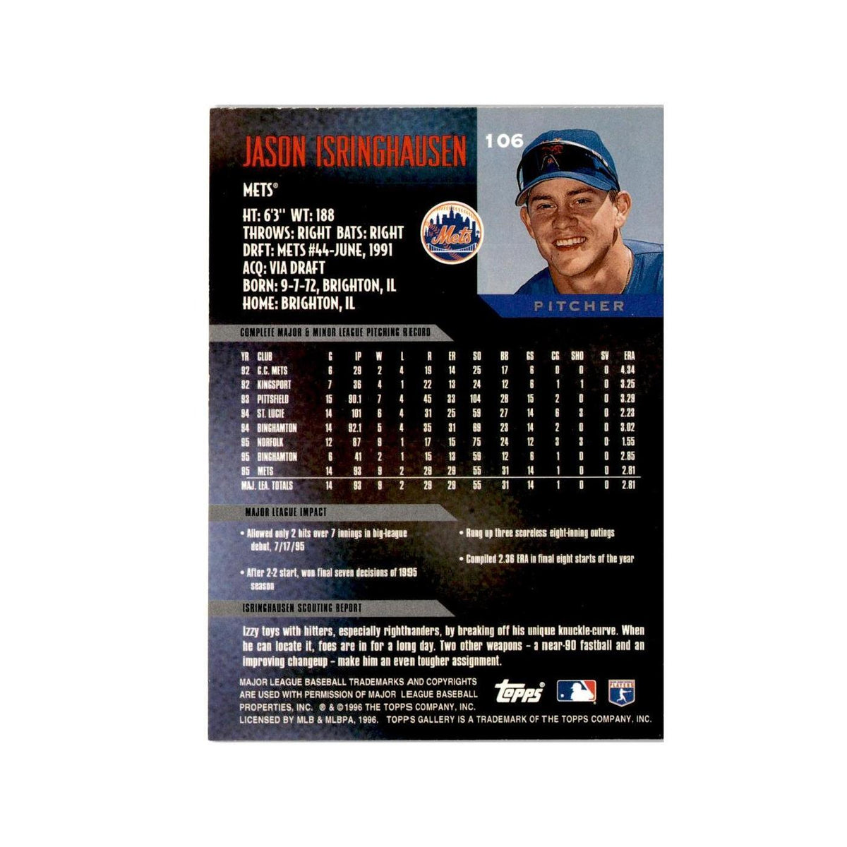 Jason Isringhausen 1996 Topps Gallery #106 New York Mets Baseball Card NM
