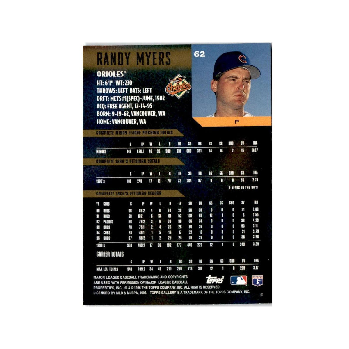 Randy Myers 1996 Topps Gallery #62 Baltimore Orioles Baseball Card NM