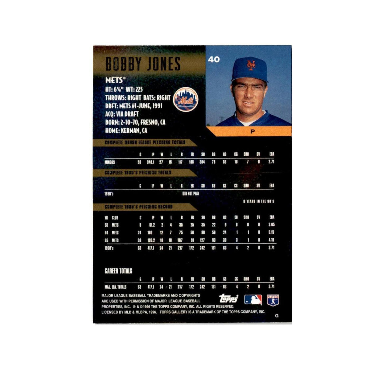 Bobby Jones 1996 Topps Gallery #40 New York Mets Baseball Card NM