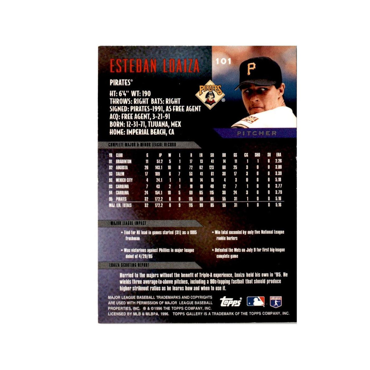 Esteban Loaiza 1996 Topps Gallery #101 Pittsburgh Pirates Baseball Card NM