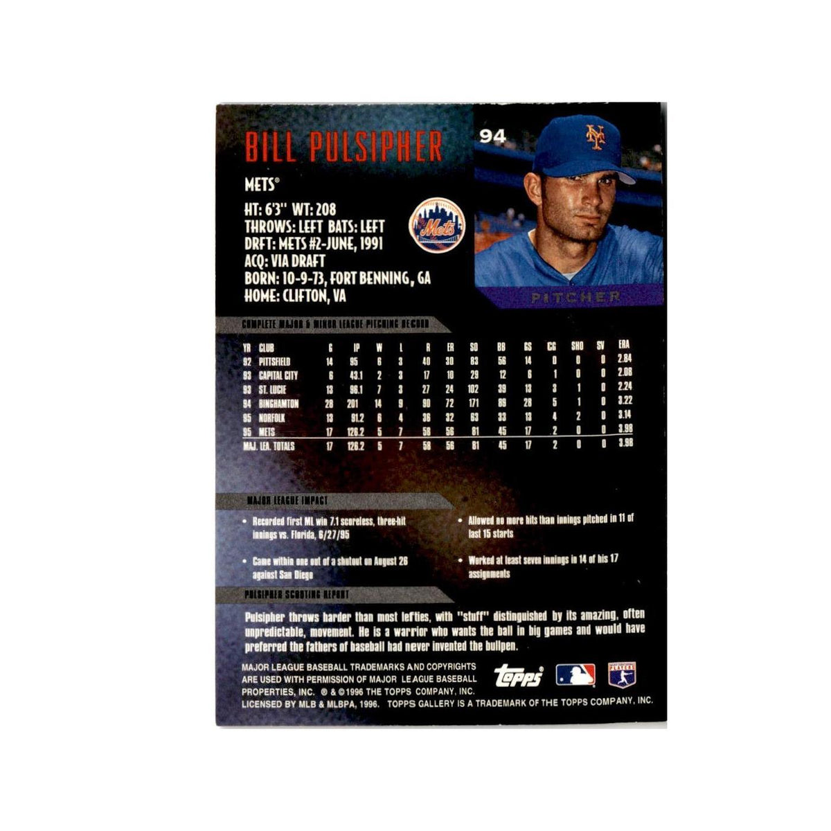 Bill Pulsipher 1996 Topps Gallery #94 New York Mets Baseball Card NM