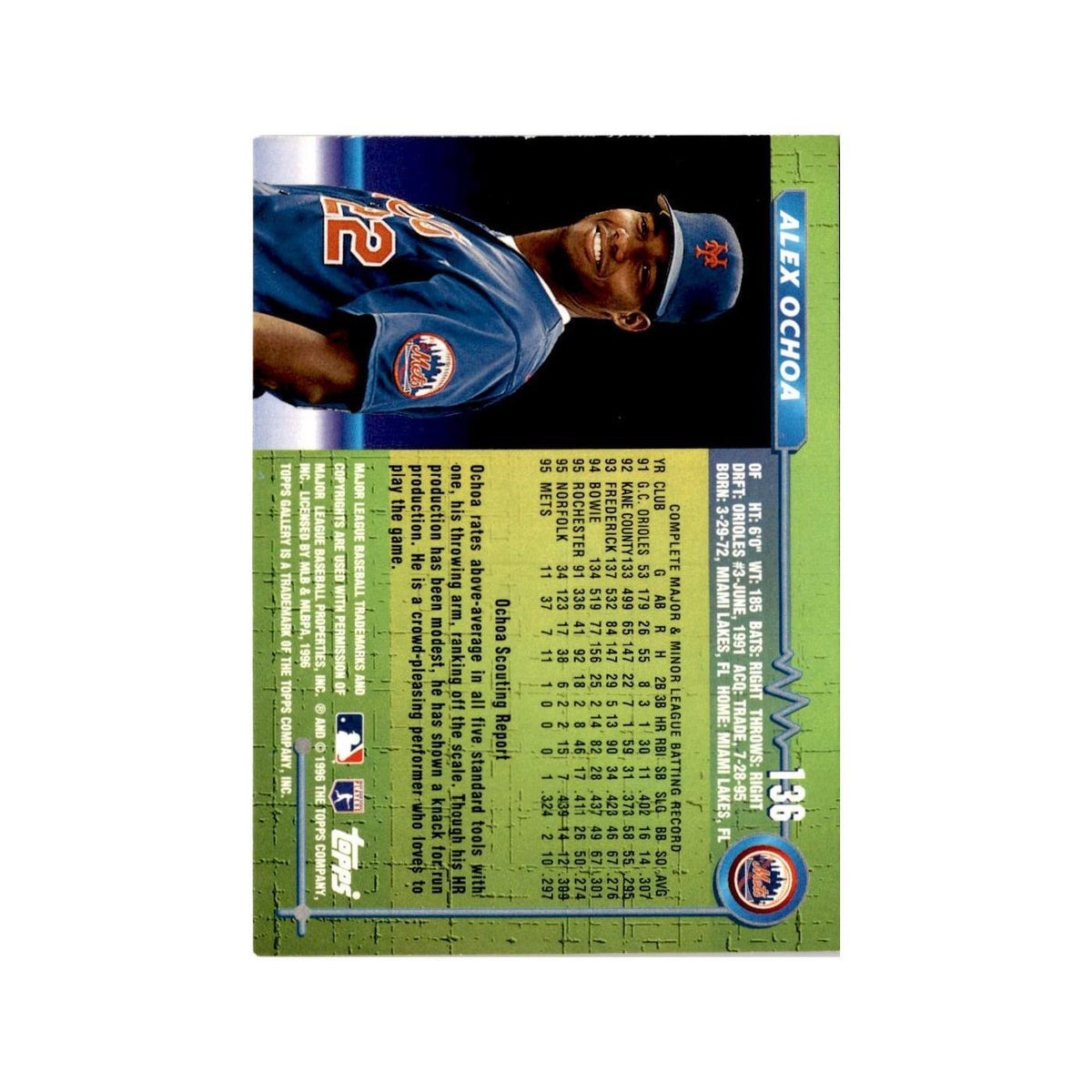 Alex Ochoa Rookie 1996 Topps Gallery #136 New York Mets Baseball Card NM