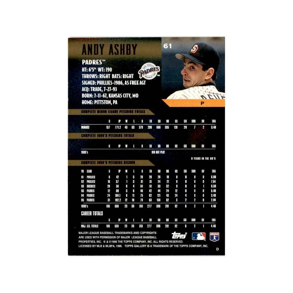Andy Ashby 1996 Topps Gallery #61 San Diego Padres Baseball Card NM