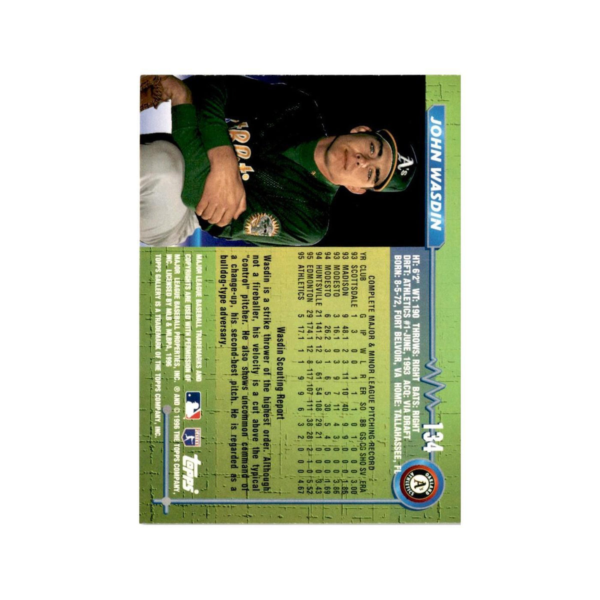 John Wasdin Rookie 1996 Topps Gallery #134 Oakland Athletics Baseball Card NM