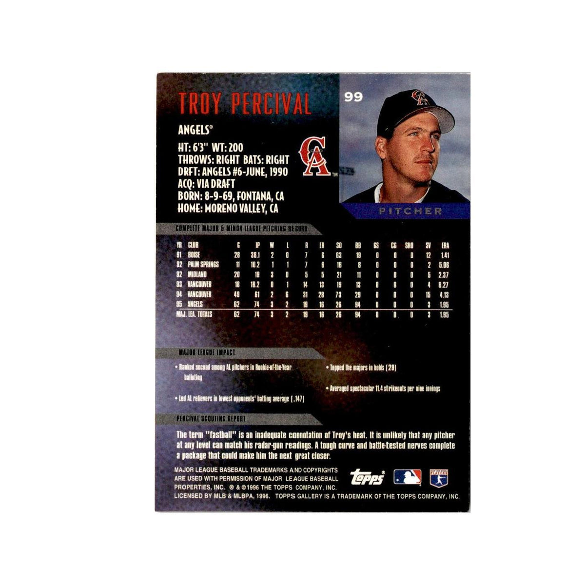Troy Percival 1996 Topps Gallery #99 California Angels Baseball Card NM
