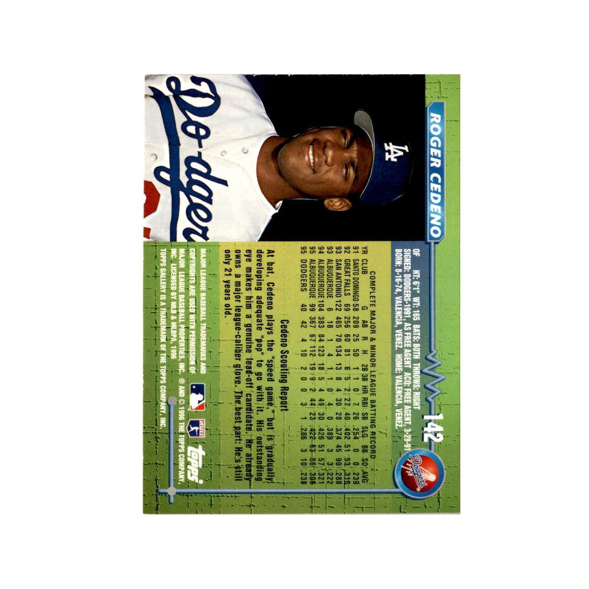 Roger Cedeno Rookie 1996 Topps Gallery #142 Los Angeles Dodgers Baseball Card NM