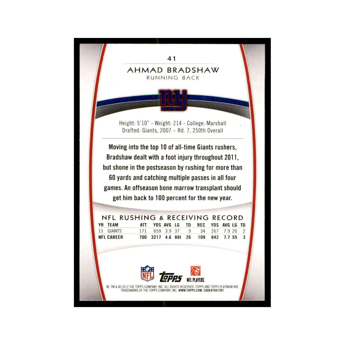 2012 Topps Platinum Ahmad Bradshaw Football Cards #41