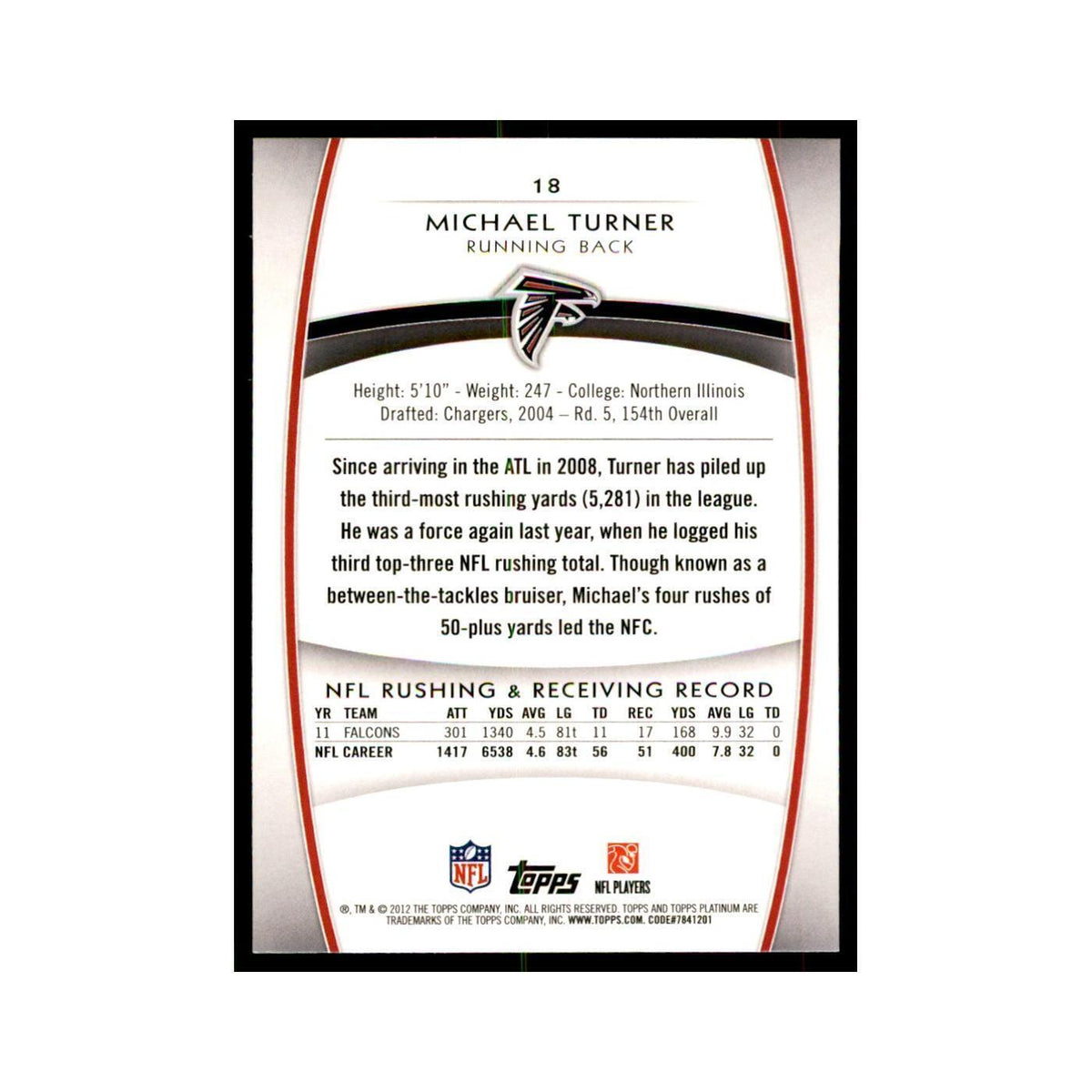 2012 Topps Platinum Michael Turner Football Cards #18