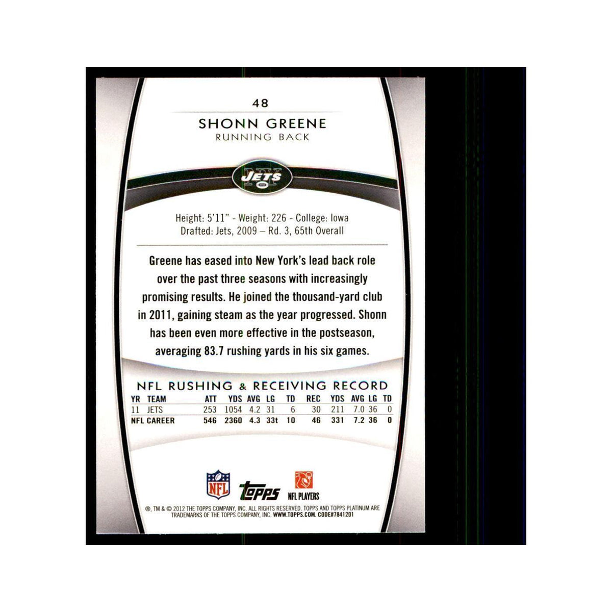 2012 Topps Platinum Shonn Greene Football Cards #48