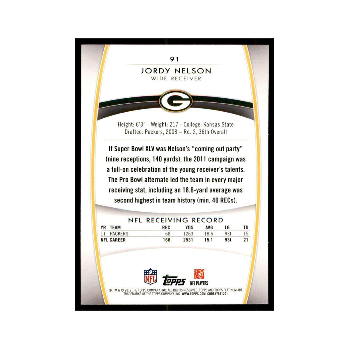 2012 Topps Platinum Jordy Nelson Football Cards #91