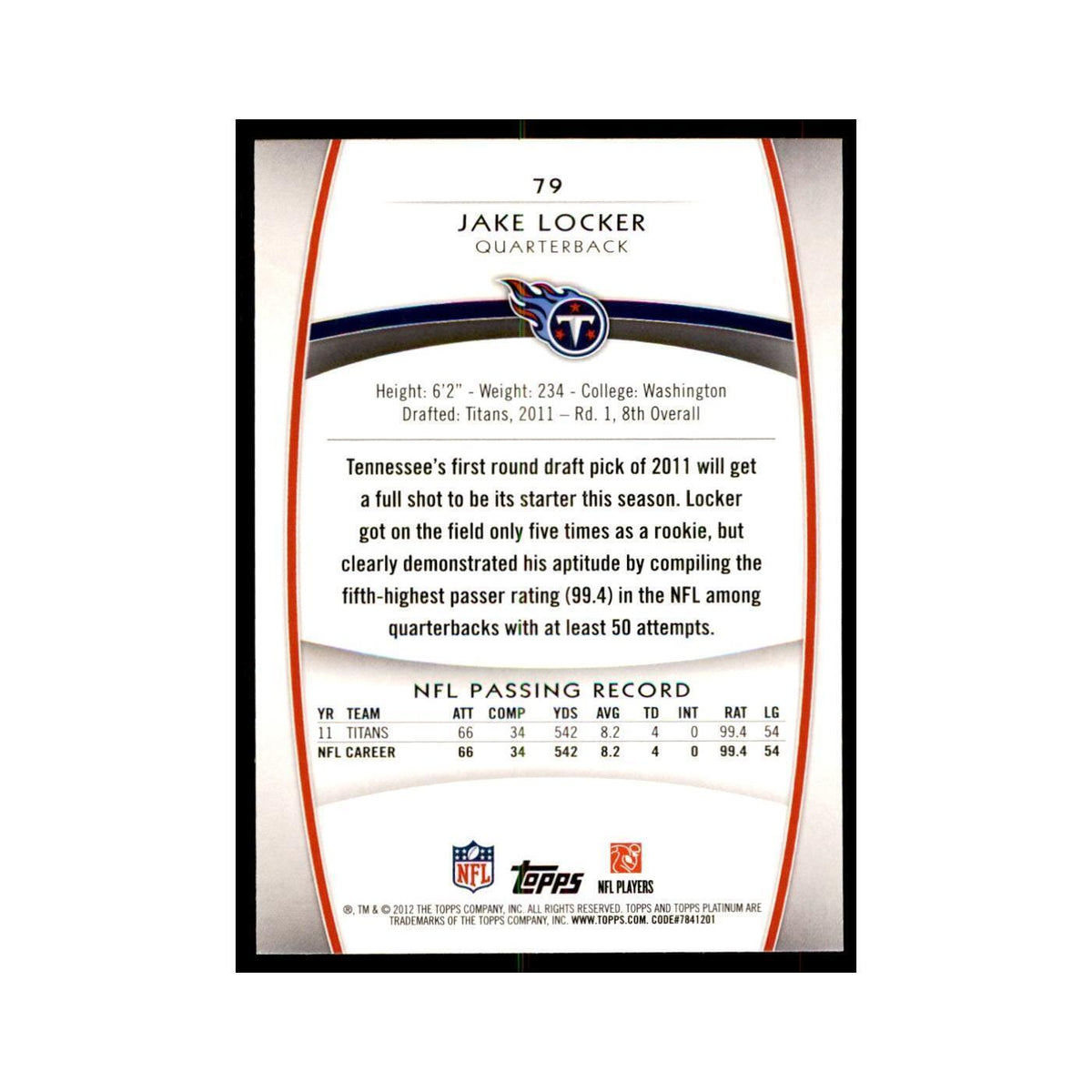 2012 Topps Platinum Jake Locker Football Cards #79