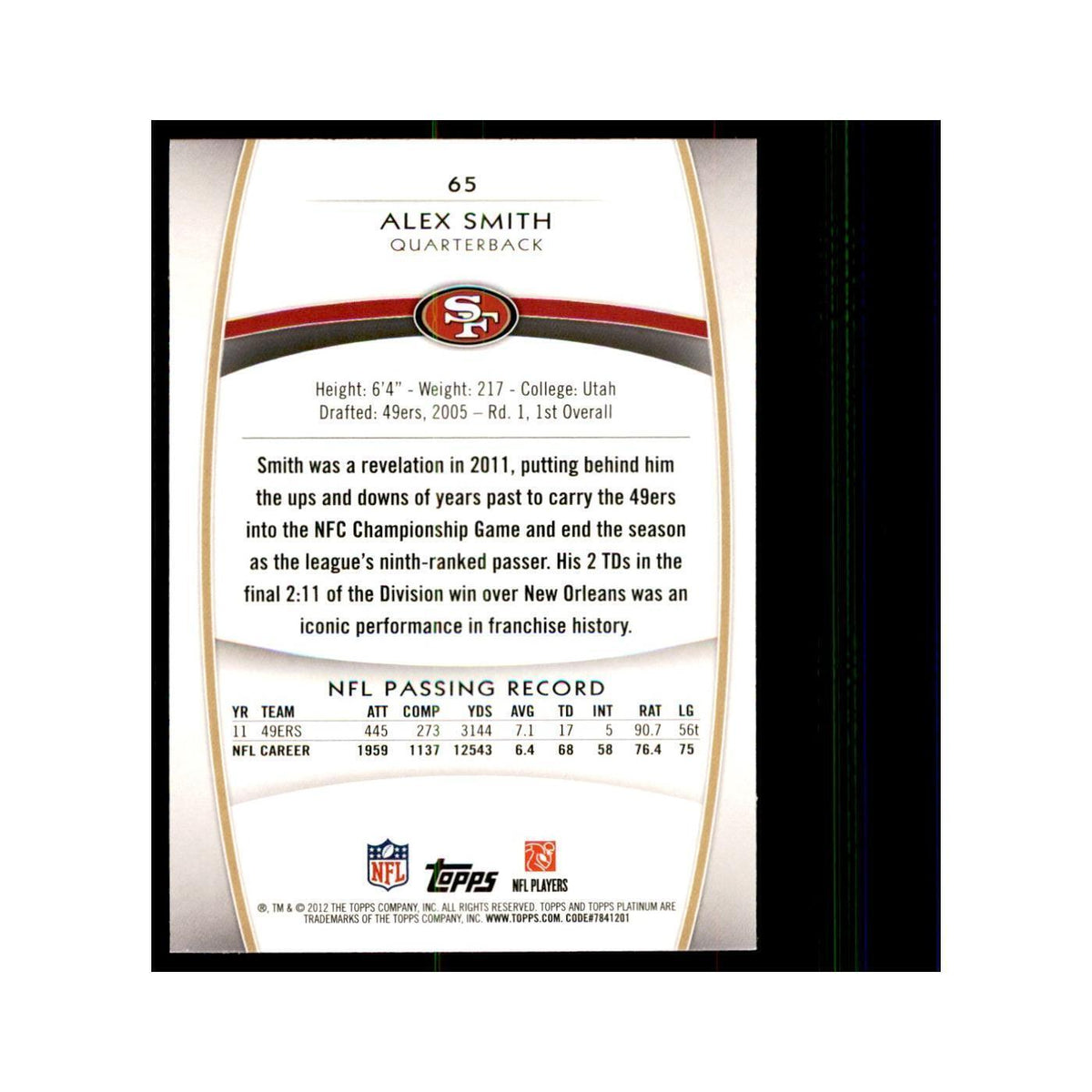 2012 Topps Platinum Alex Smith Football Cards #65