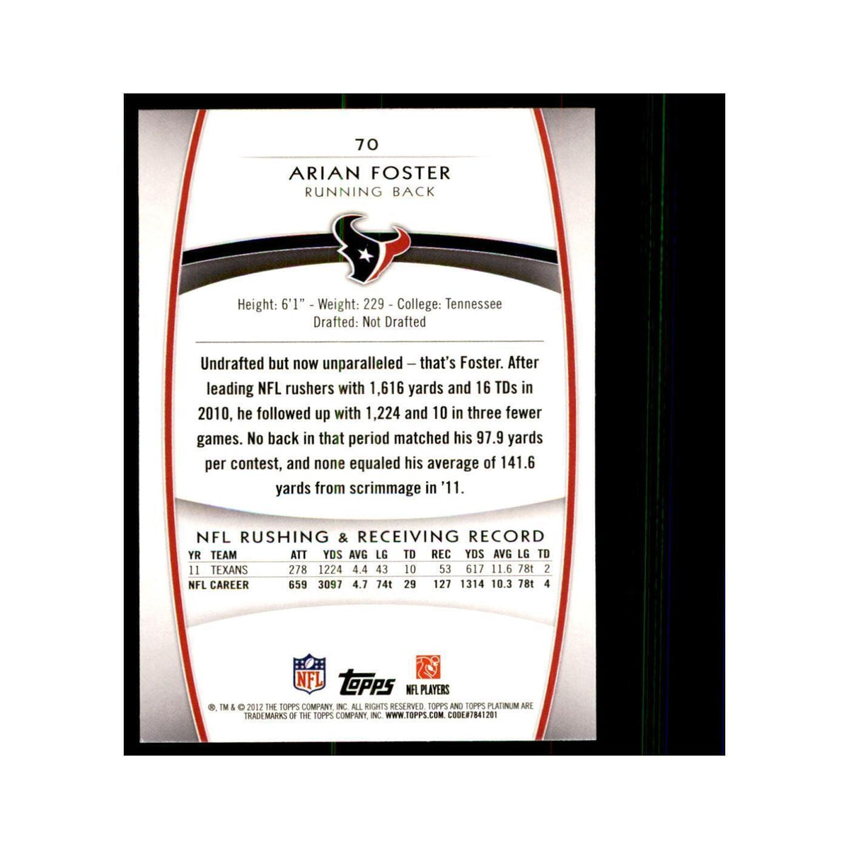 2012 Topps Platinum Arian Foster Football Cards #70