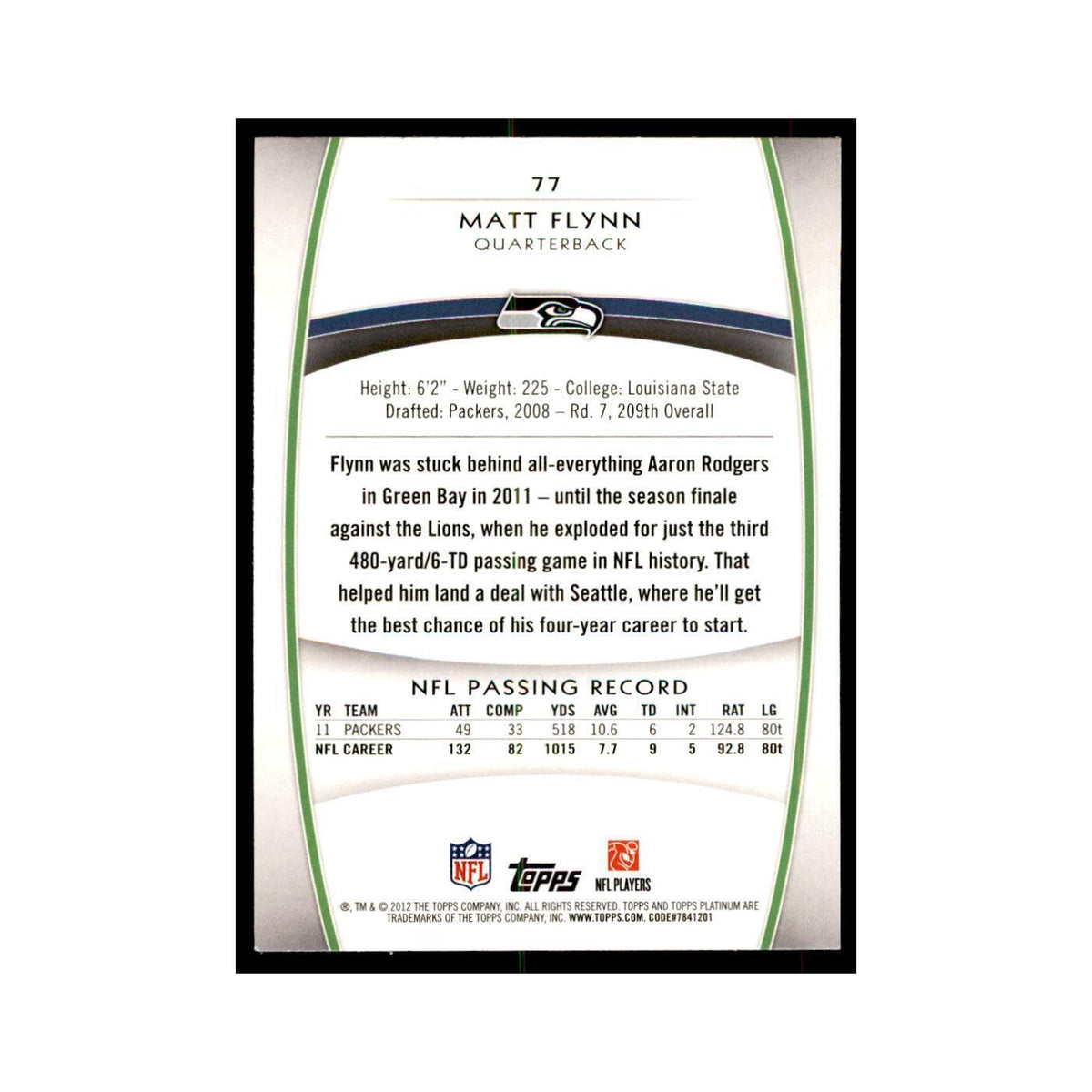 2012 Topps Platinum Matt Flynn Football Cards #77