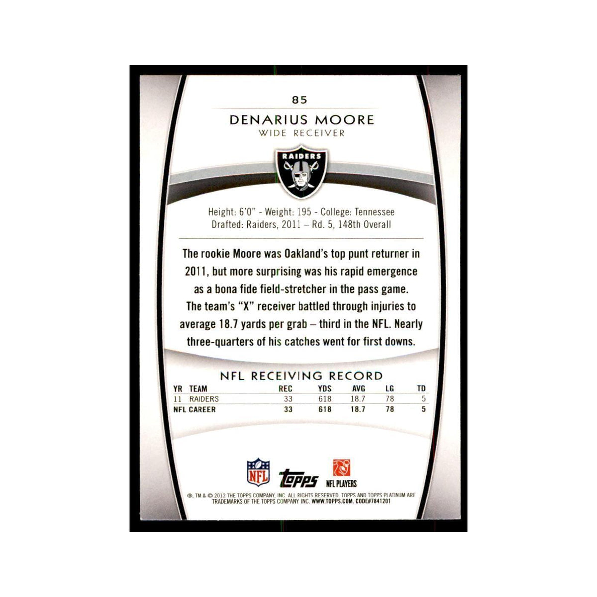 2012 Topps Platinum Denarius Moore Football Cards #85