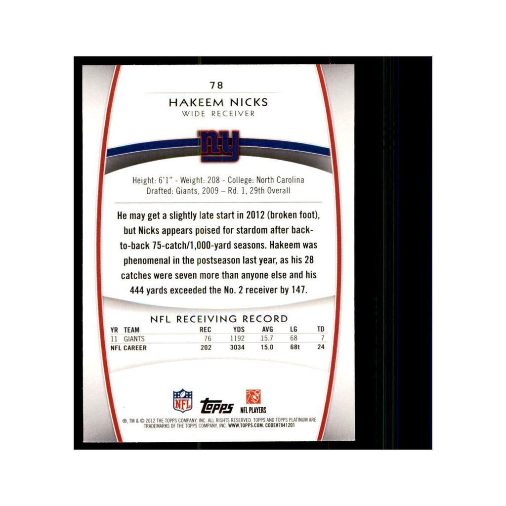 2012 Topps Platinum Hakeem Nicks Football Cards #78