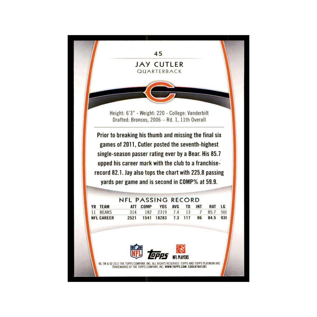 2012 Topps Platinum Jay Cutler Football Cards #45