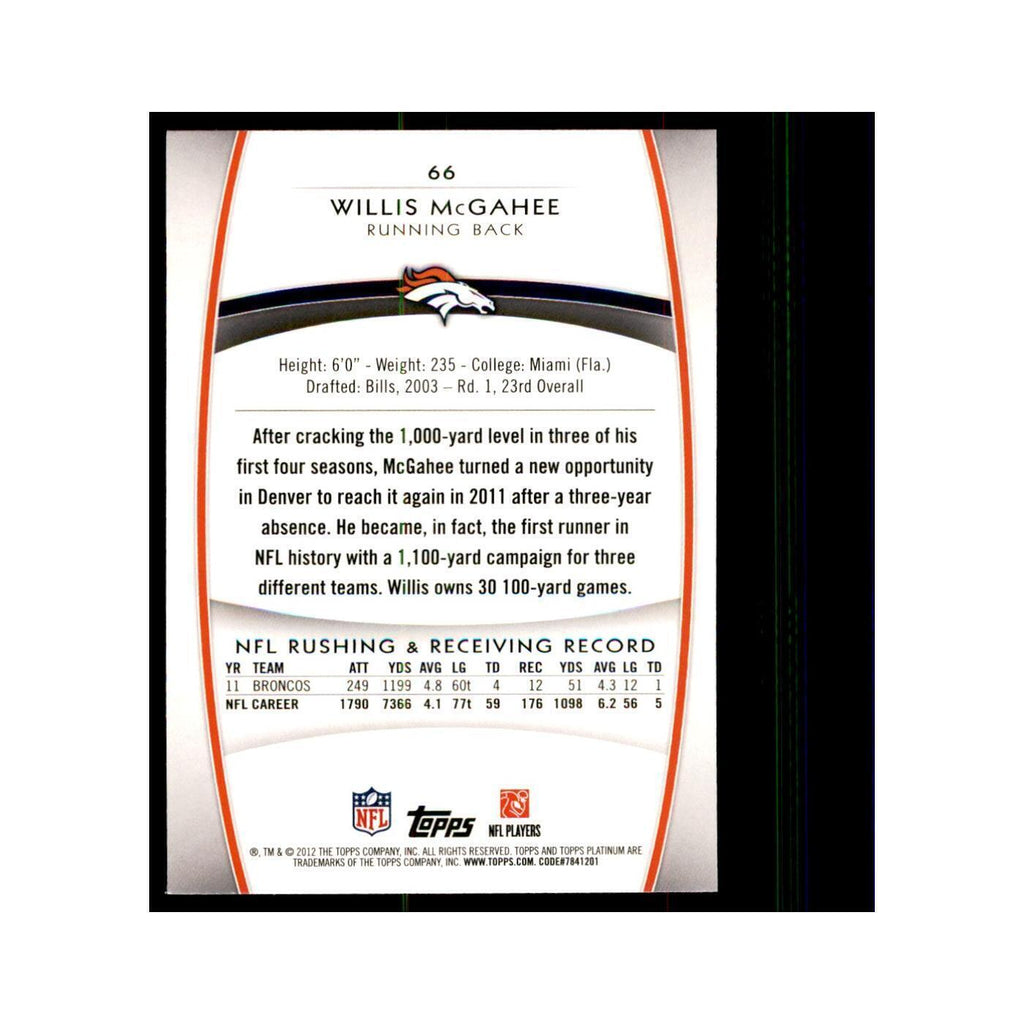 2012 Topps Platinum Willis McGahee Football Cards #66