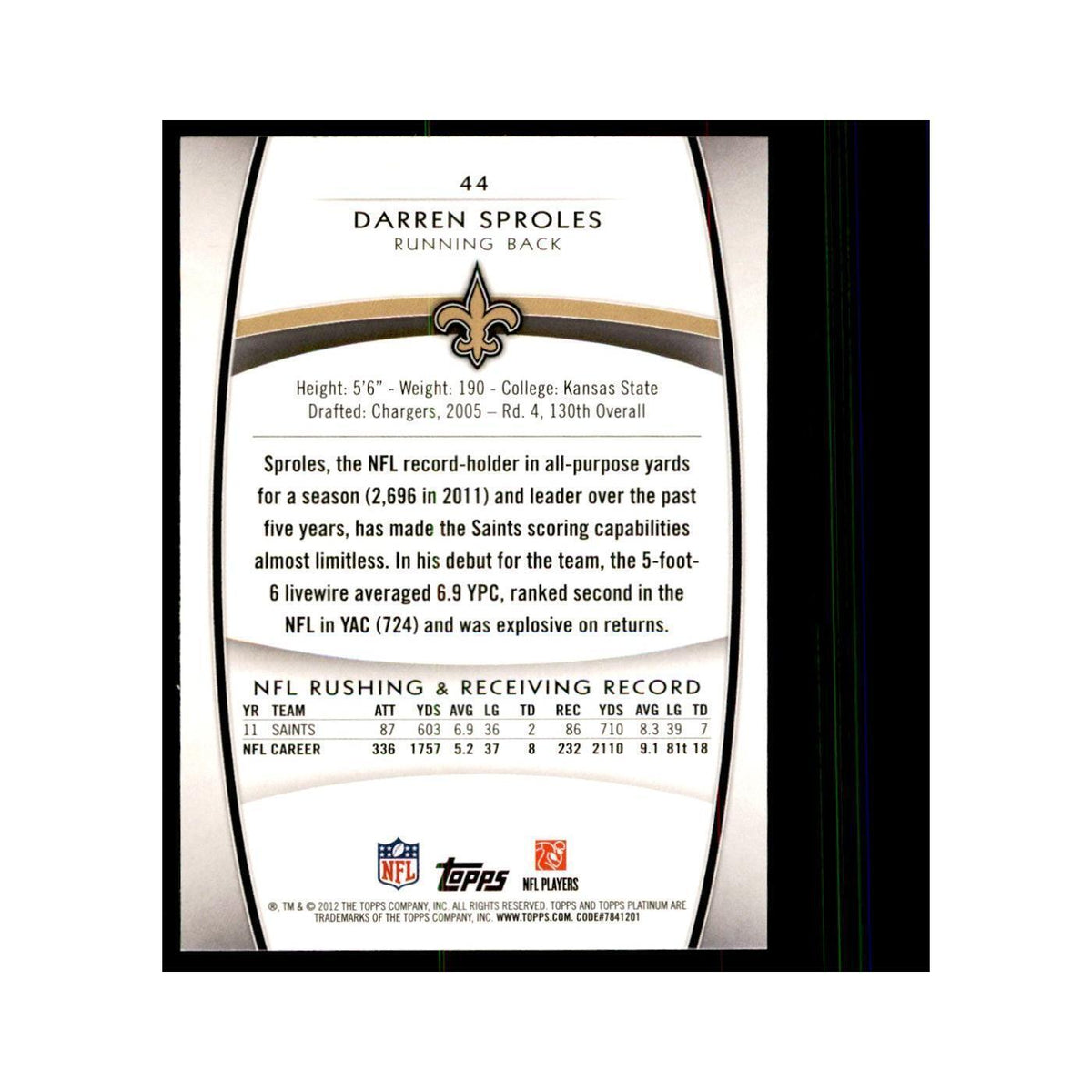 2012 Topps Platinum Darren Sproles Football Cards #44