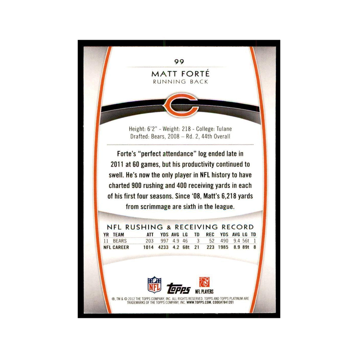 2012 Topps Platinum Matt Forte Football Cards #99