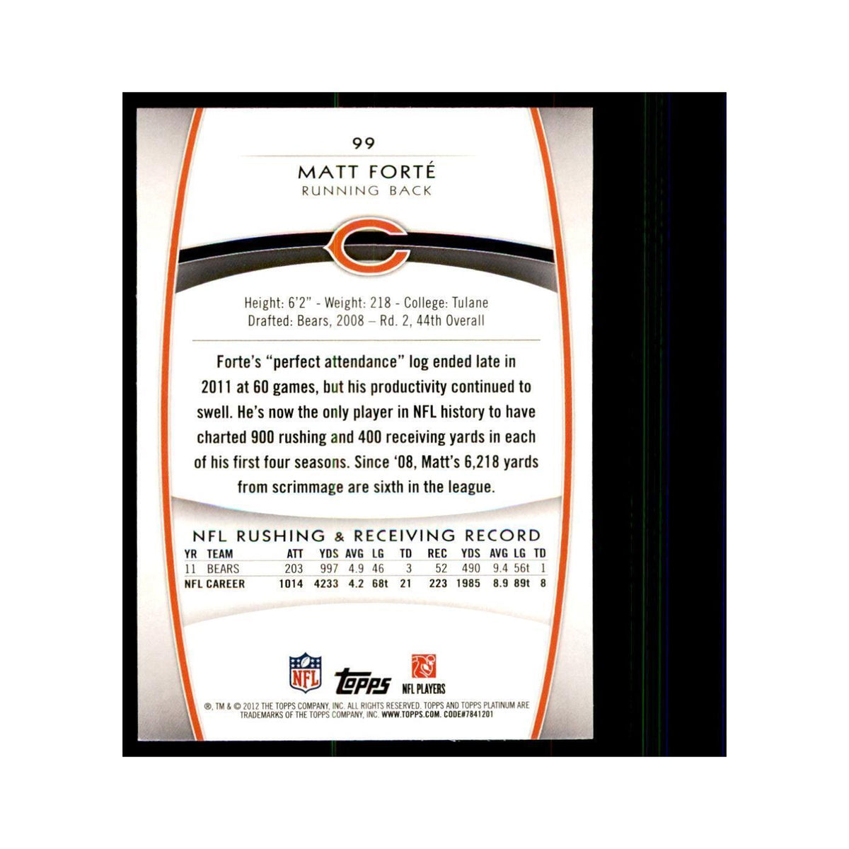 2012 Topps Platinum Matt Forte Football Cards #99
