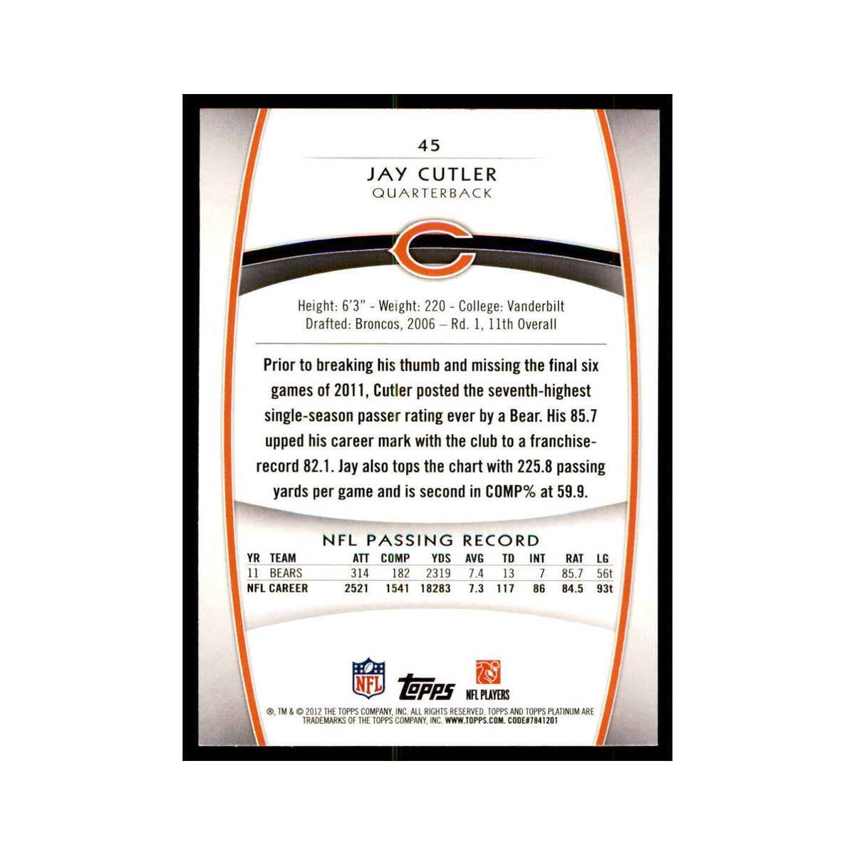 2012 Topps Platinum Jay Cutler Football Cards #45