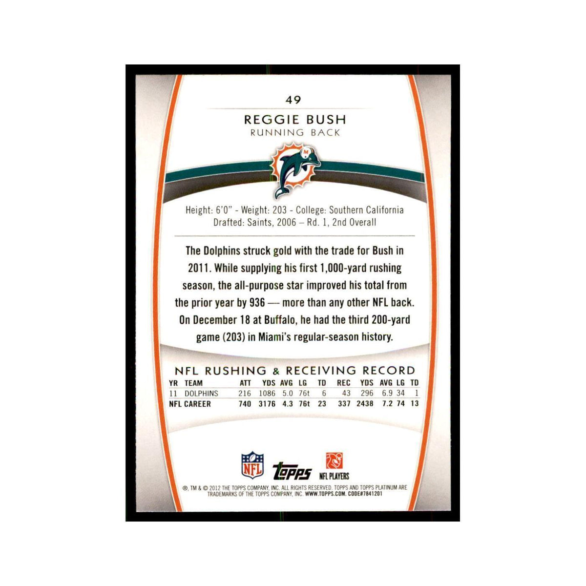 2012 Topps Platinum Reggie Bush Football Cards #49