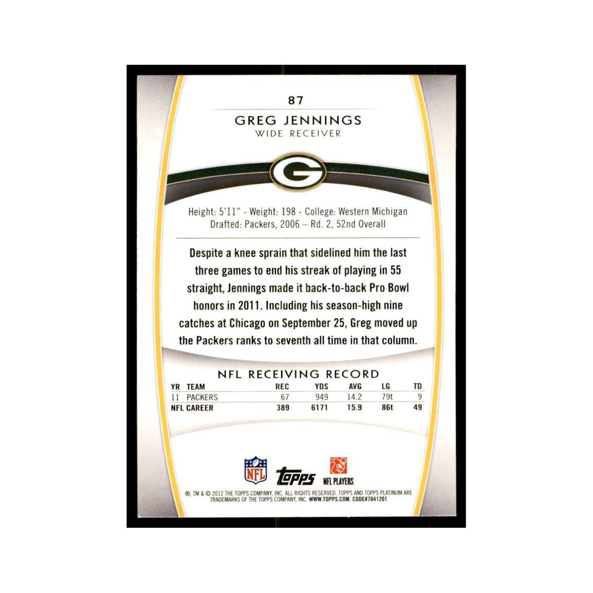 2012 Topps Platinum Greg Jennings Football Cards #87