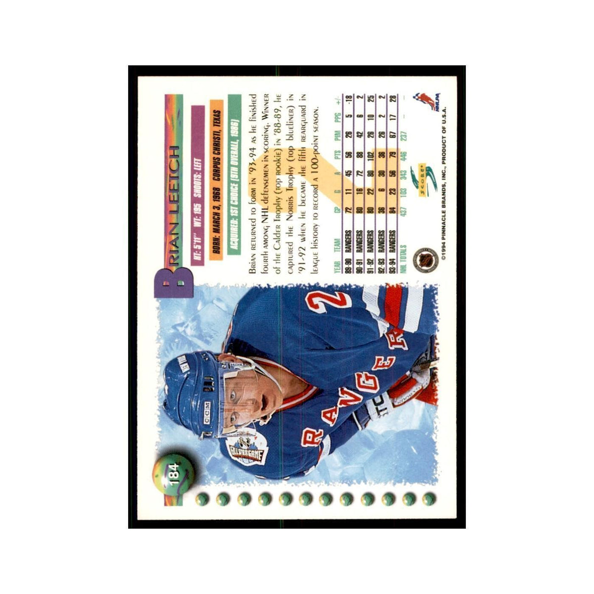 Brian Leetch 1994 Score #184 Hockey Cards Hockey Card NM