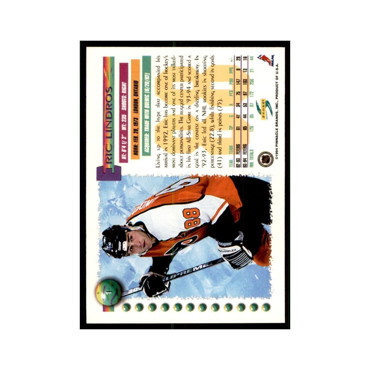 Eric Lindros 1994 Score #1 Hockey Cards Hockey Card NM