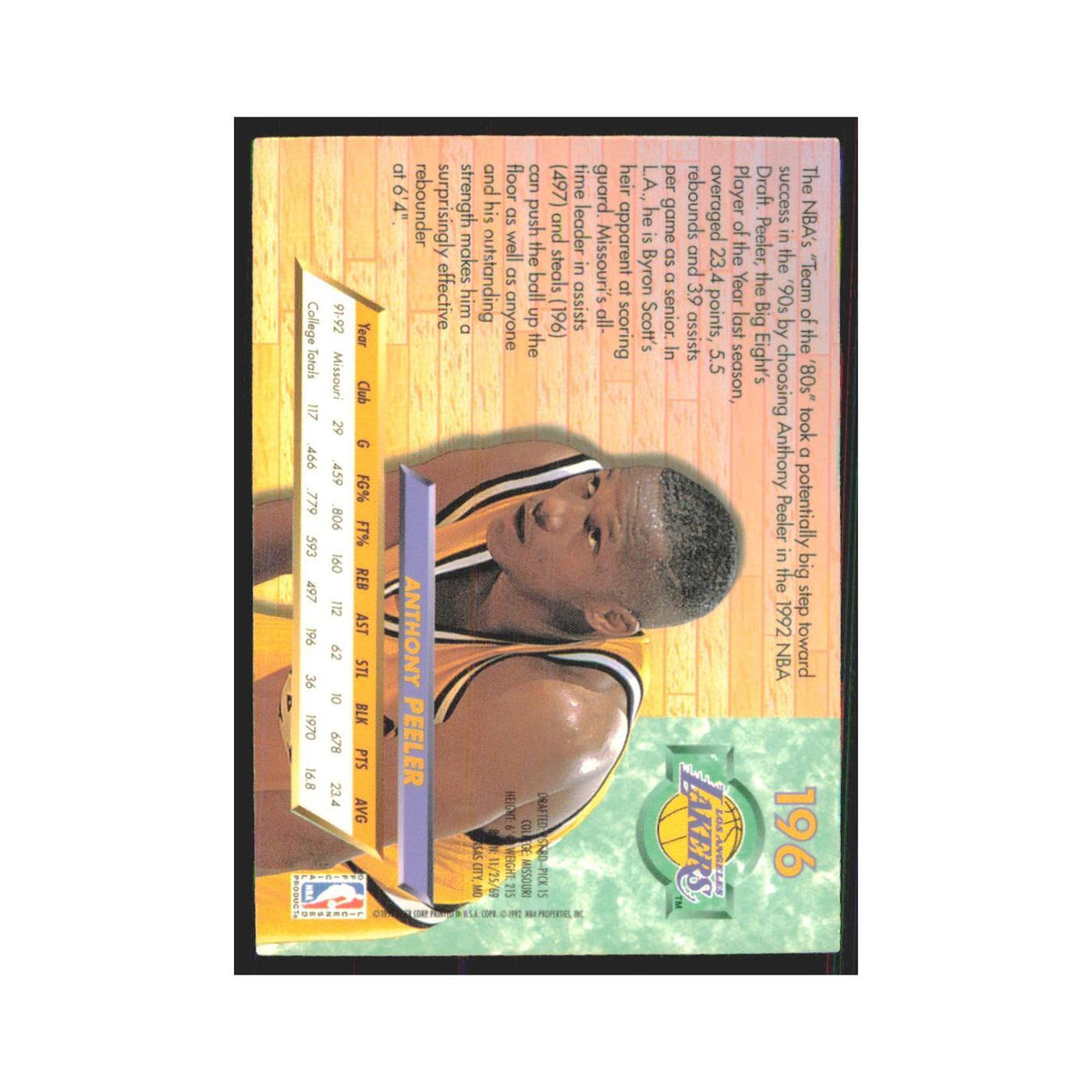 Anthony Peeler 1992 Fleer Ultra #196 Los Angeles Lakers Basketball Card NM