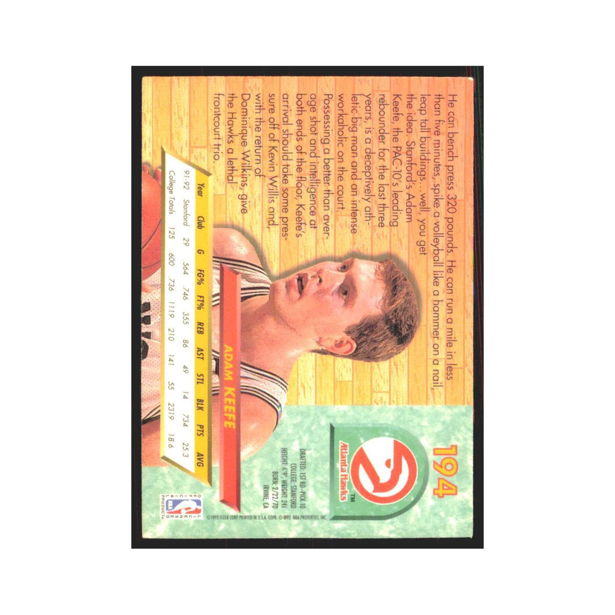 Adam Keefe 1992 Fleer Ultra #194 Atlanta Hawks Basketball Card NM