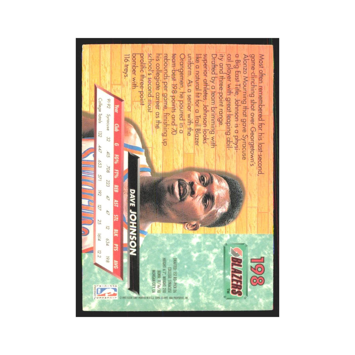 Dave Johnson 1992 Fleer Ultra #198 Portland Trail Blazers Basketball Card NM