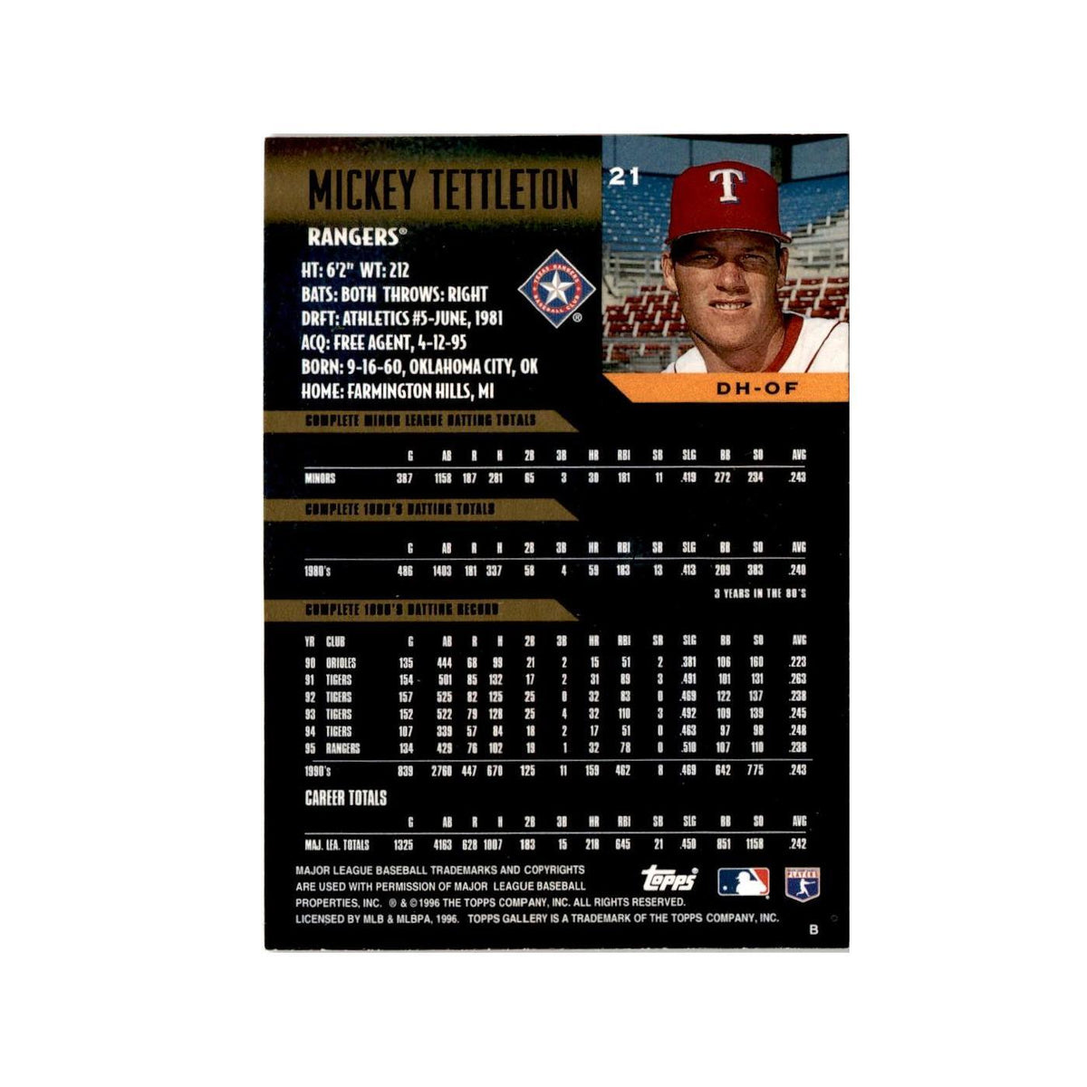 Mickey Tettleton 1996 Topps Gallery #21 Texas Rangers Baseball Card NM