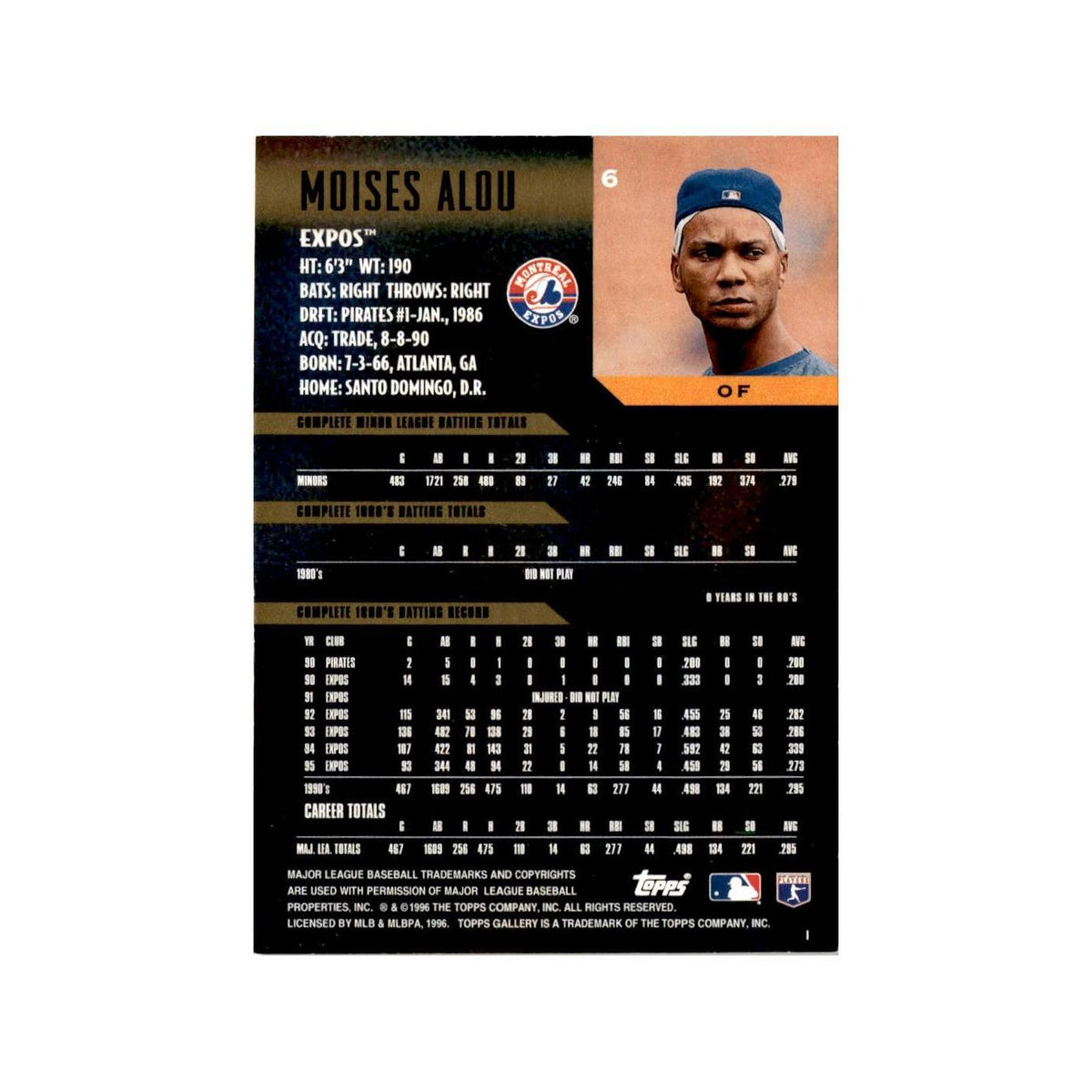 Moises Alou 1996 Topps Gallery #6 Montreal Expos Baseball Card NM