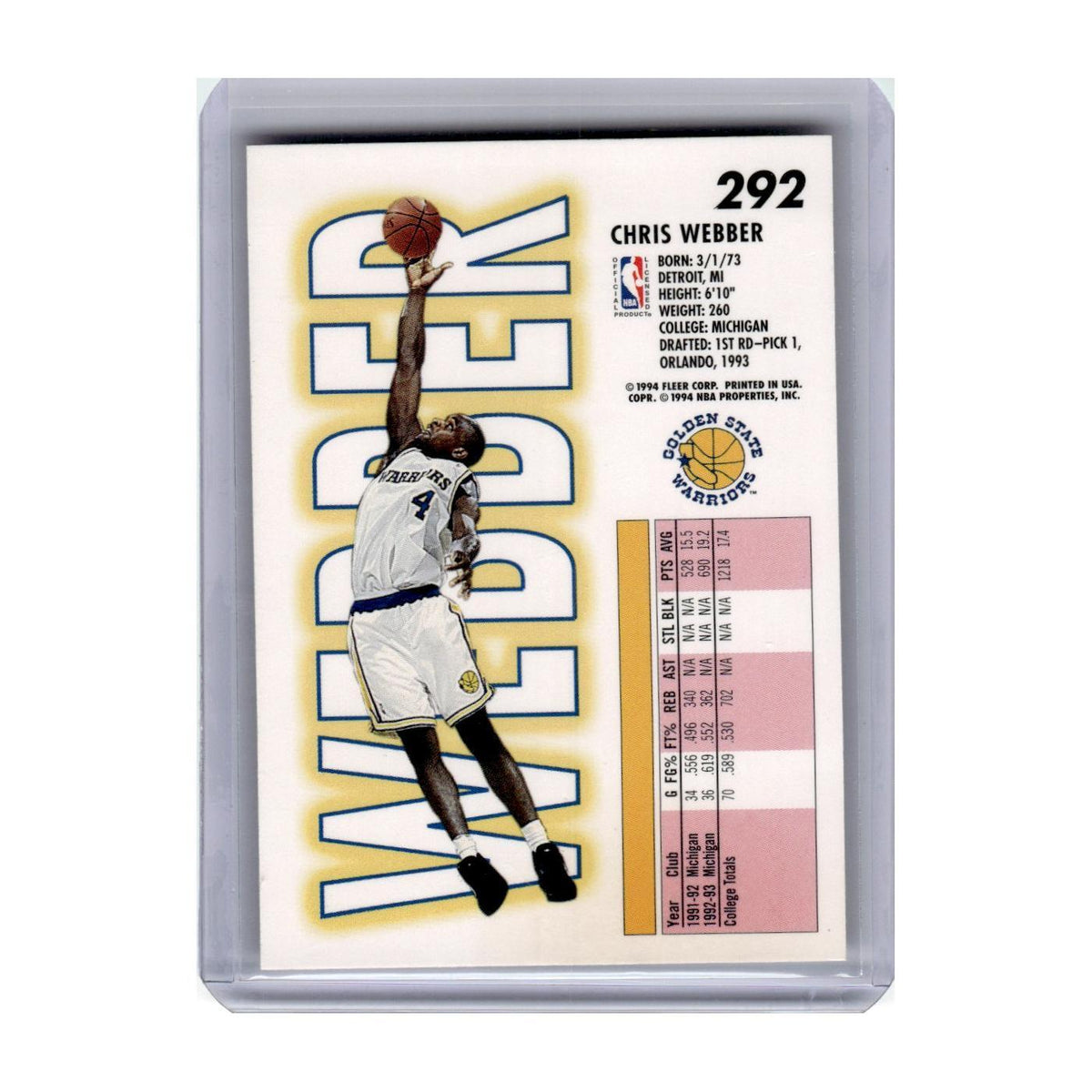 1993 Fleer Chris Webber Golden State Warriors #292