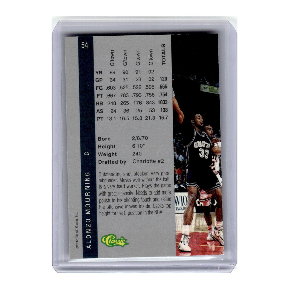 1992 Classic Draft Alonzo Mourning #54