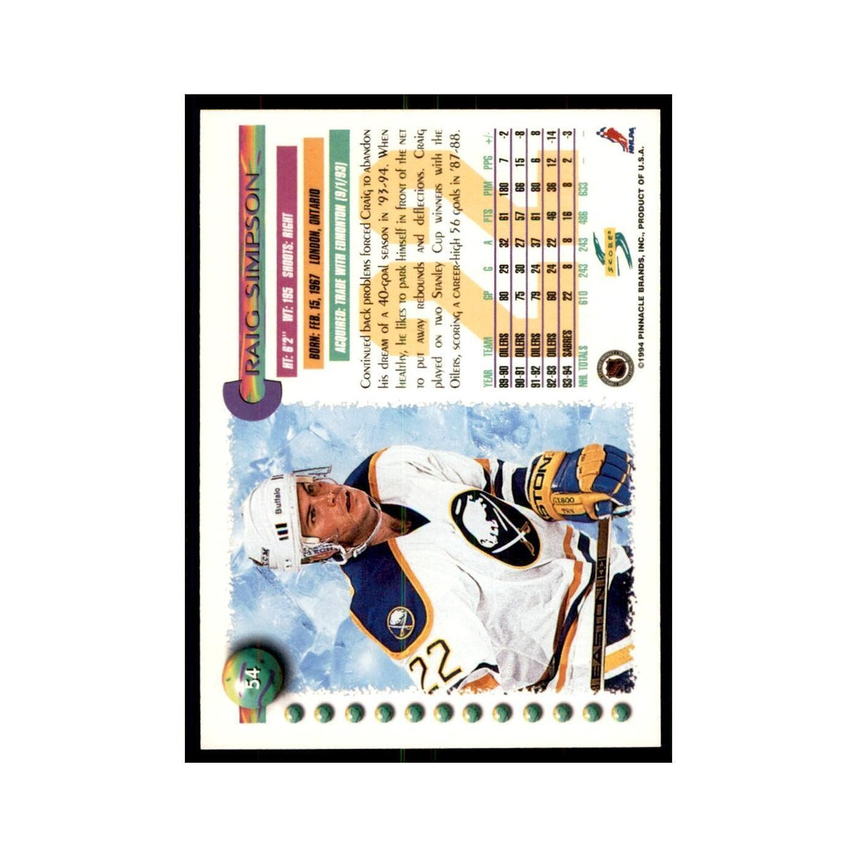 Craig Simpson 1994 Score #54 Hockey Cards Hockey Card NM