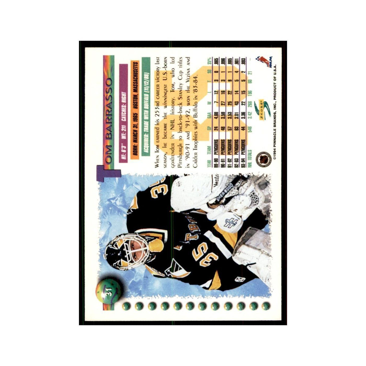 Tom Barrasso 1994 Score #31 Hockey Cards Hockey Card NM