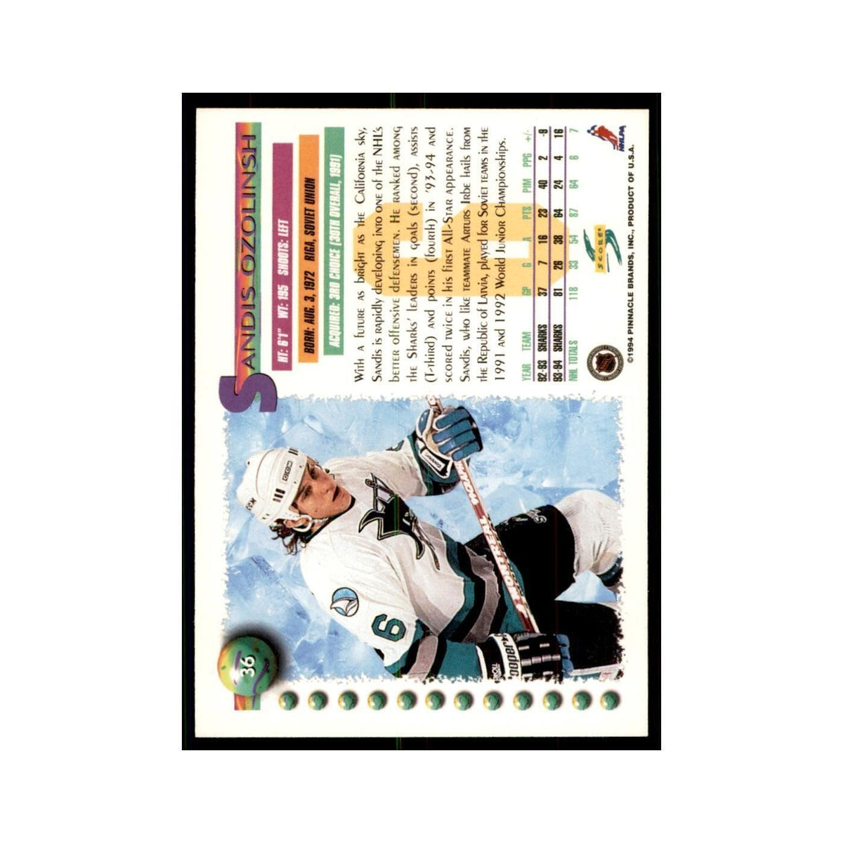Sandis Ozolinsh 1994 Score #36 Hockey Cards Hockey Card NM