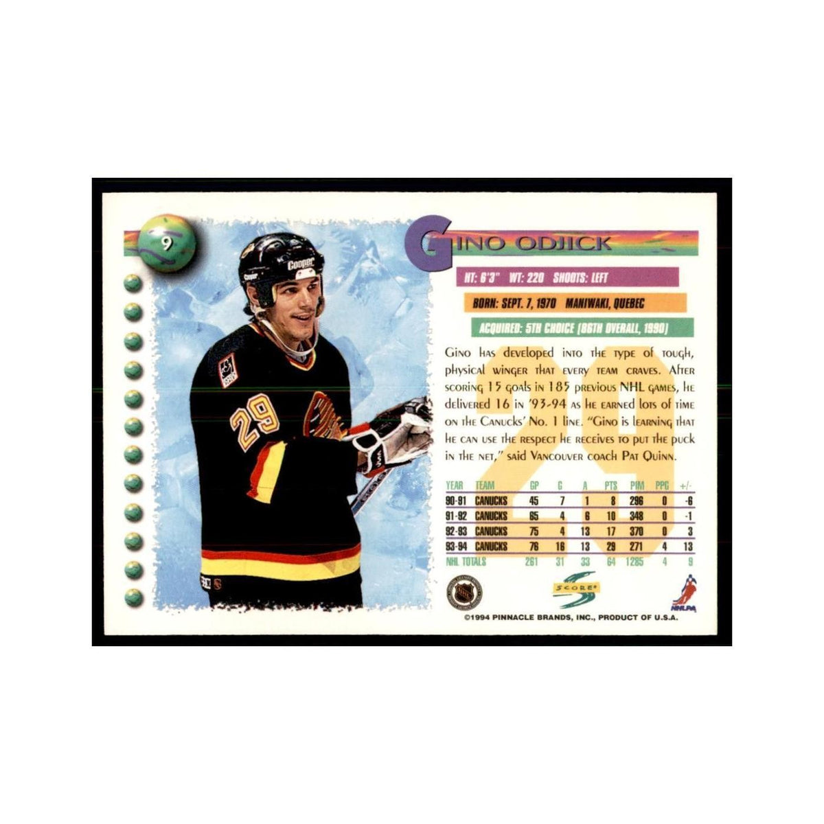 Gino Odjick 1994 Score #9 Hockey Cards Hockey Card NM