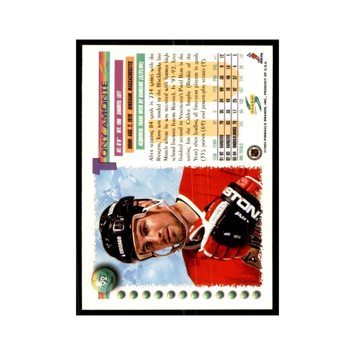 Tony Amonte 1994 Score #92 Hockey Cards Hockey Card NM