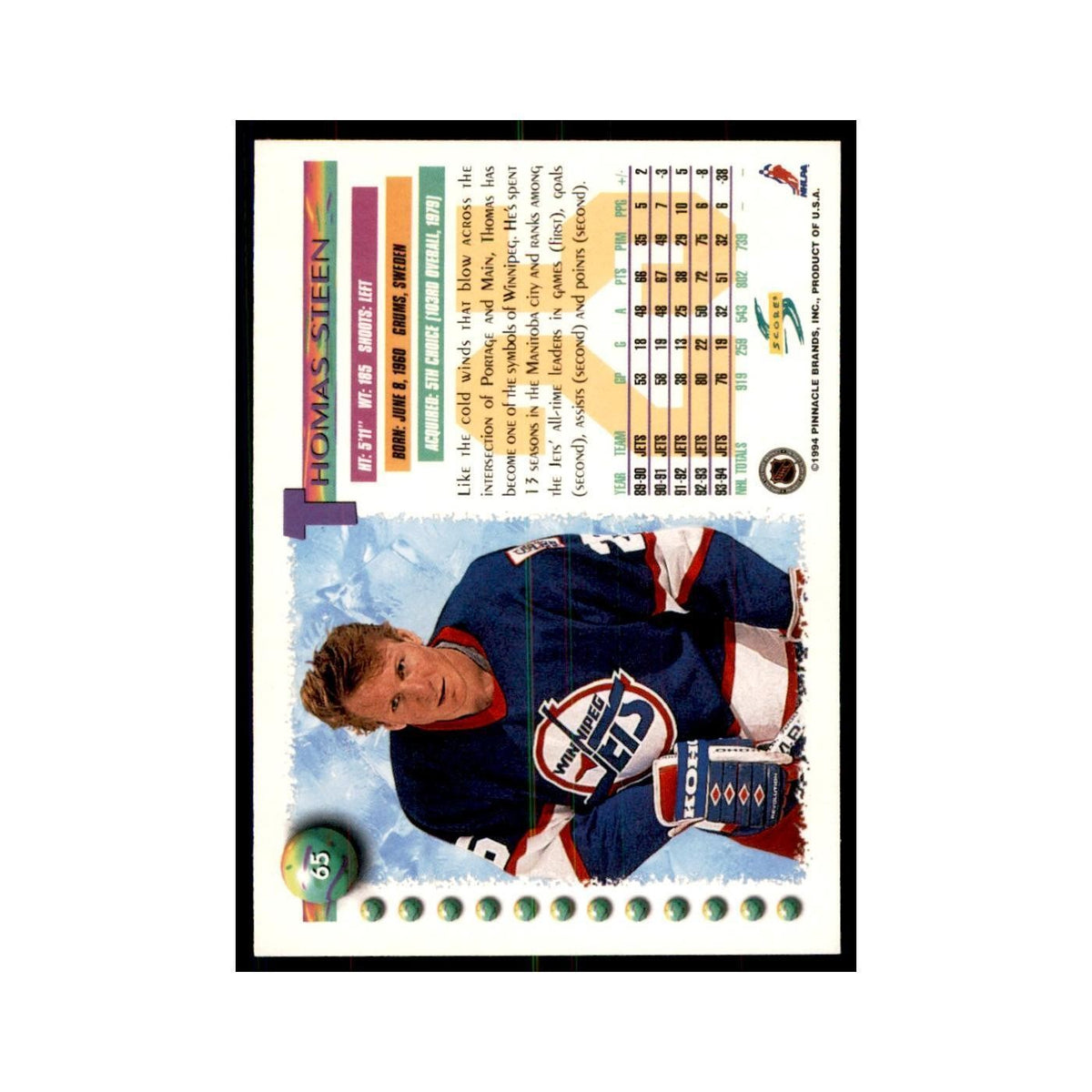 Thomas Steen 1994 Score #65 Hockey Cards Hockey Card NM