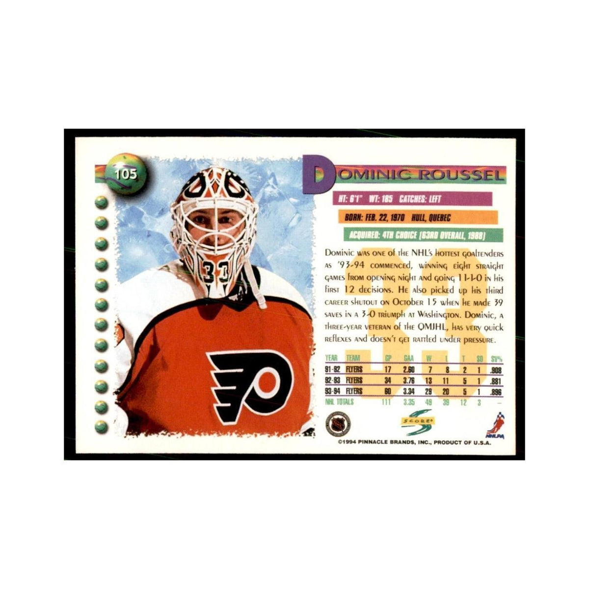 Dominic Roussel 1994 Score #105 Hockey Cards Hockey Card NM